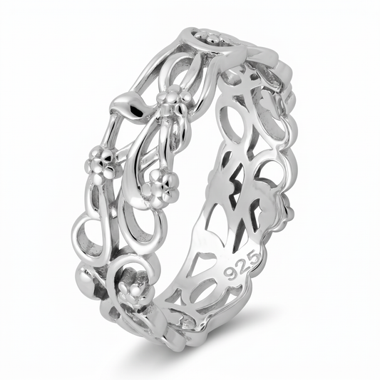 Sterling Silver 6.3mm Flower Vine Eternity Band Ring for Women