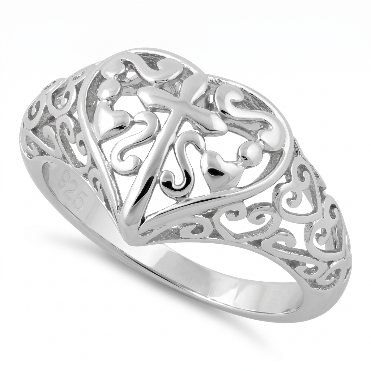Sterling Silver Cross in Heart Filigree Ring for Women