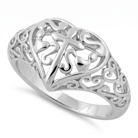 Sterling Silver Cross in Heart Filigree Ring for Women