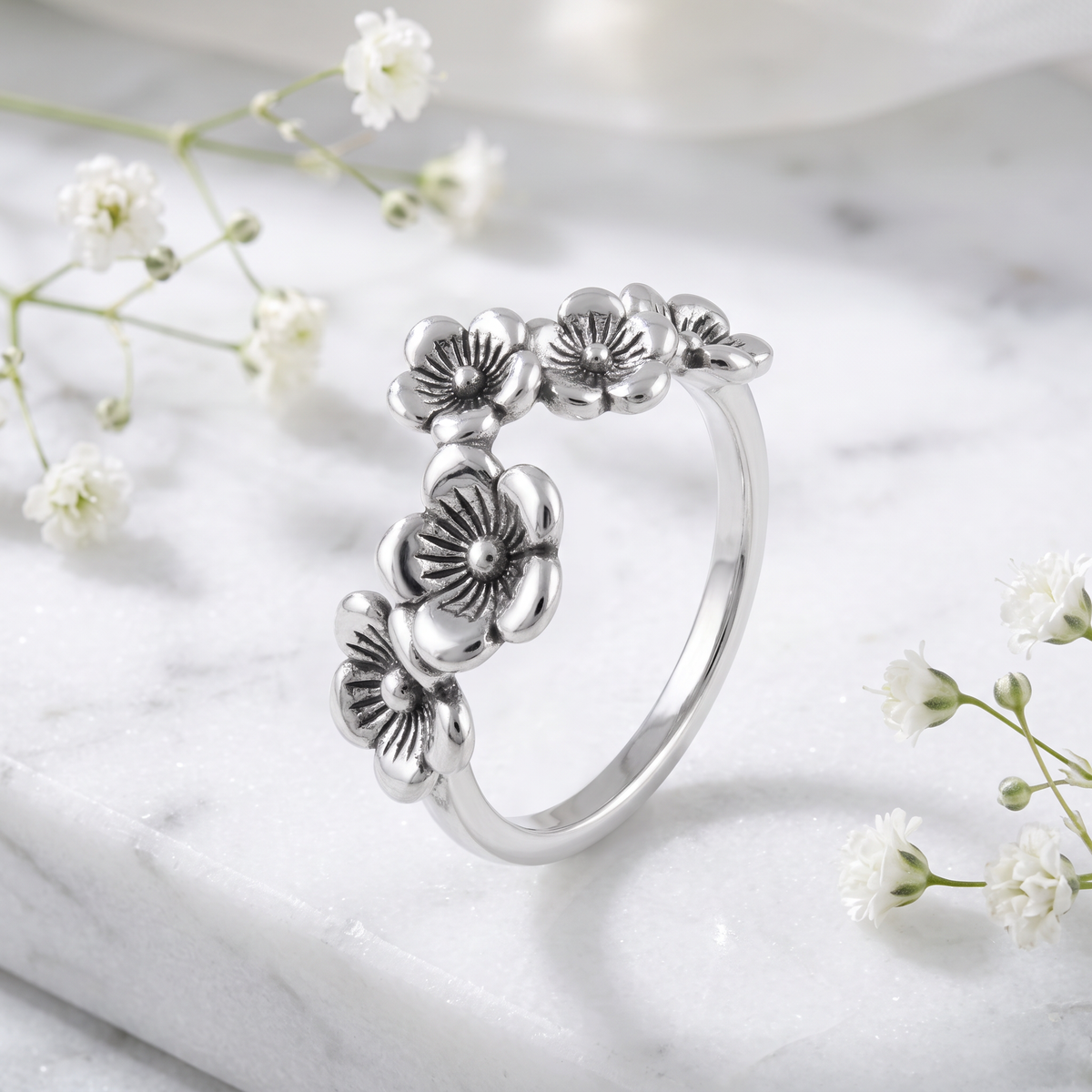 Sterling Silver Cherry Blossom Flower Row Ring for Women life1