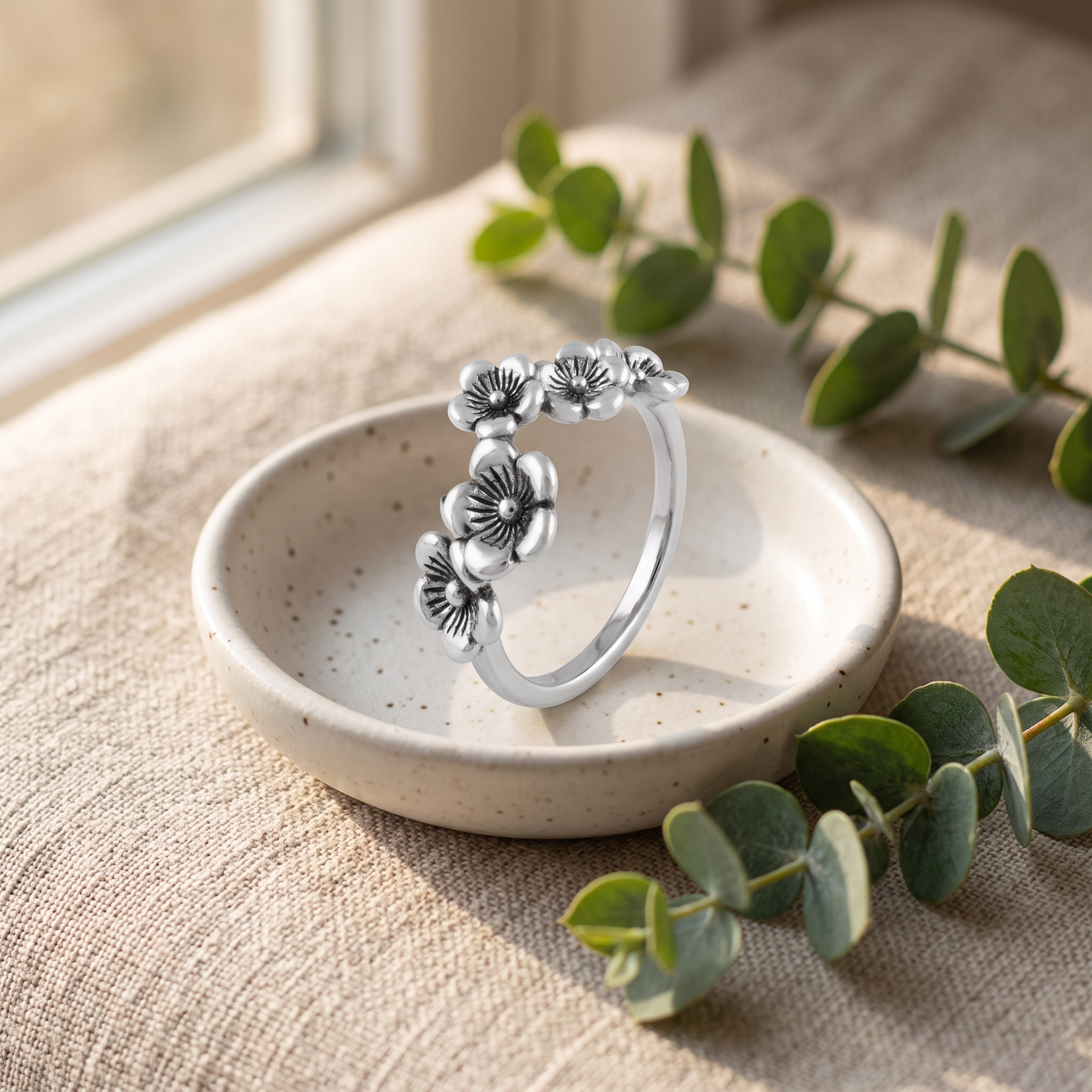 Sterling Silver Cherry Blossom Flower Row Ring for Women life2