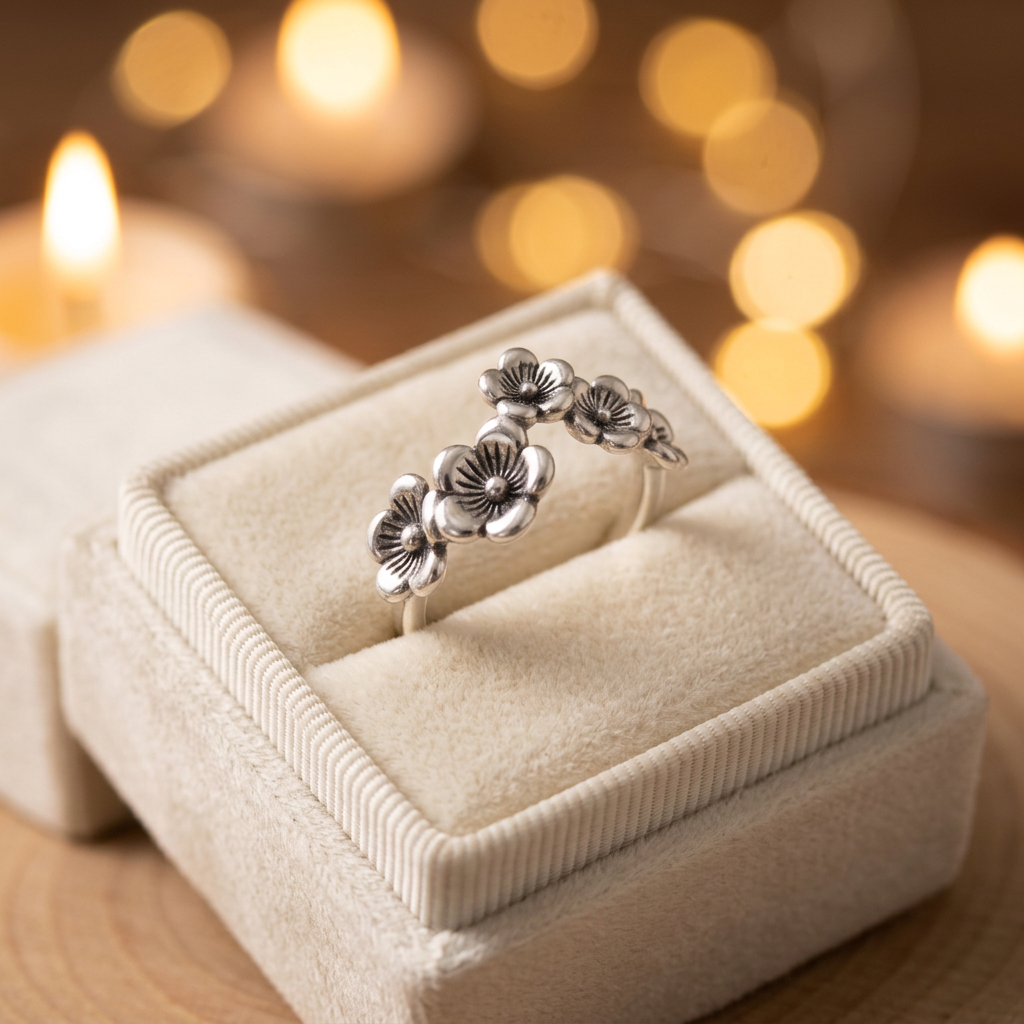 Sterling Silver Cherry Blossom Flower Row Ring for Women life3