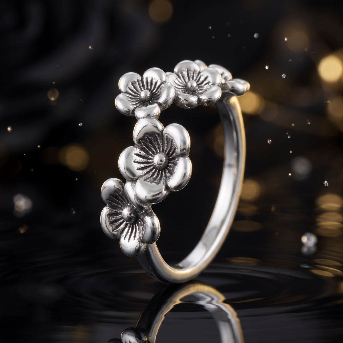 Sterling Silver Cherry Blossom Flower Row Ring for Women life4