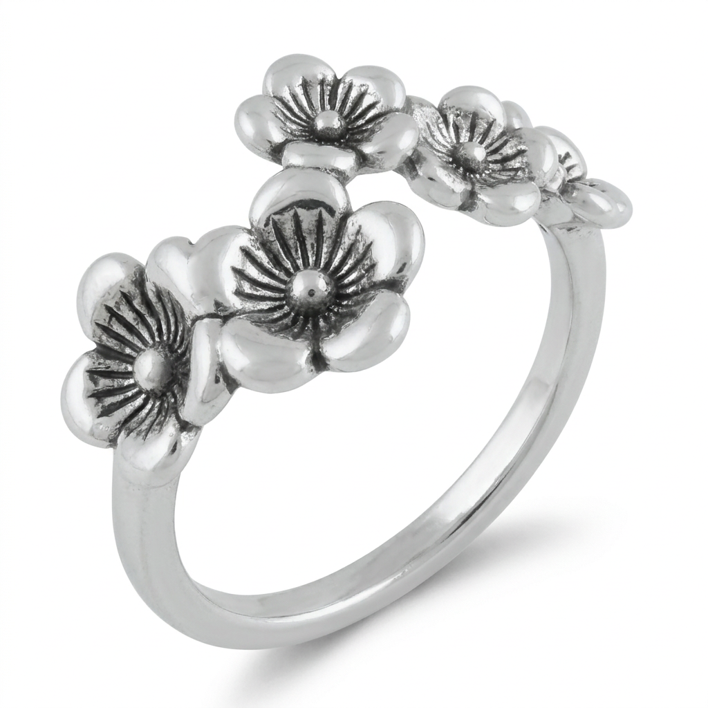 Sterling Silver Cherry Blossom Flower Row Ring for Women