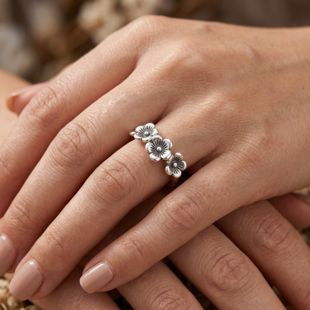 Sterling Silver Cherry Blossom Flower Row Ring for Women model