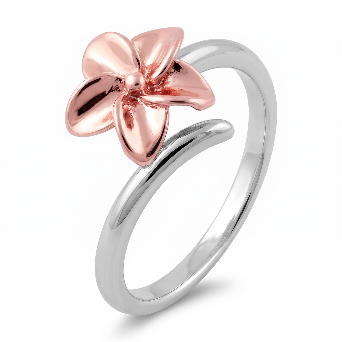 Rose Gold Plated Sterling Silver Two Tone Plumeria Flower Ring for Women