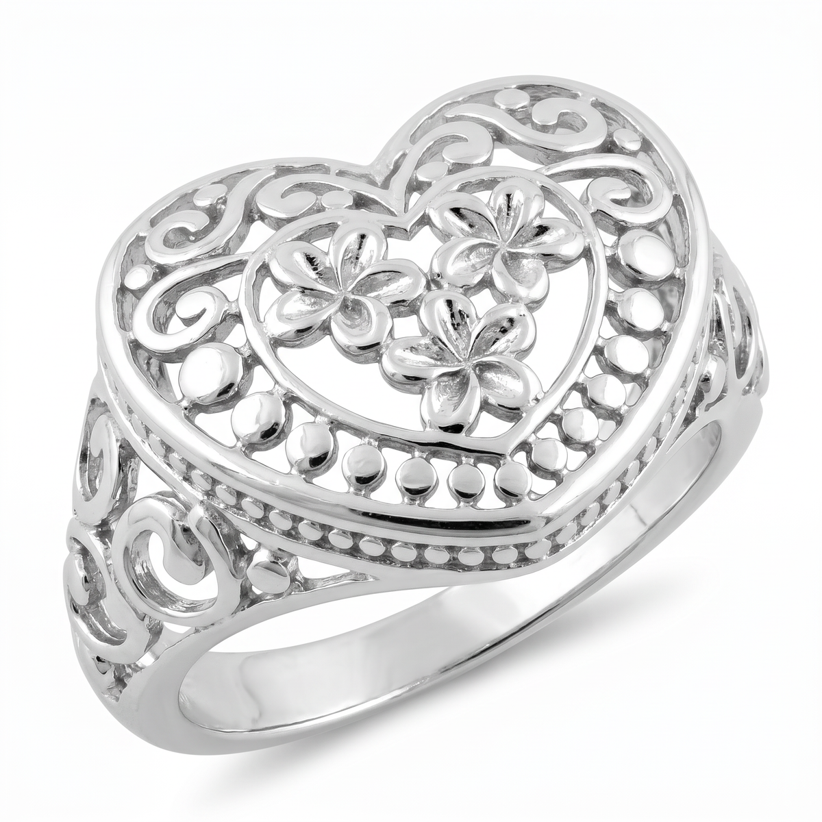 Sterling Silver Plumeria Heart Filigree Statement Ring for Women