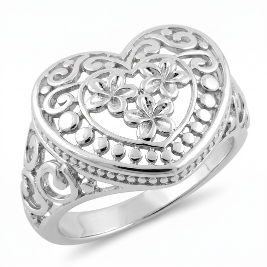 Sterling Silver Plumeria Heart Filigree Statement Ring for Women
