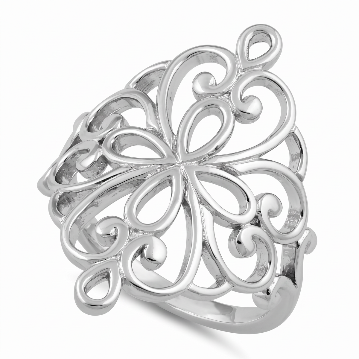 Sterling Silver Openwork Flower Swirl Statement Ring for Women