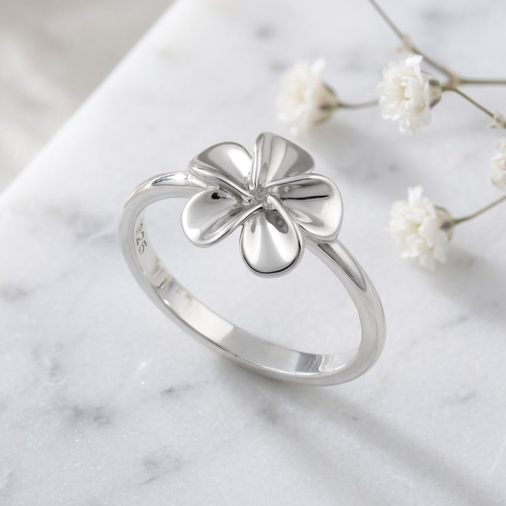Sterling Silver Plumeria Flower Ring for Women, Polished Petals life1