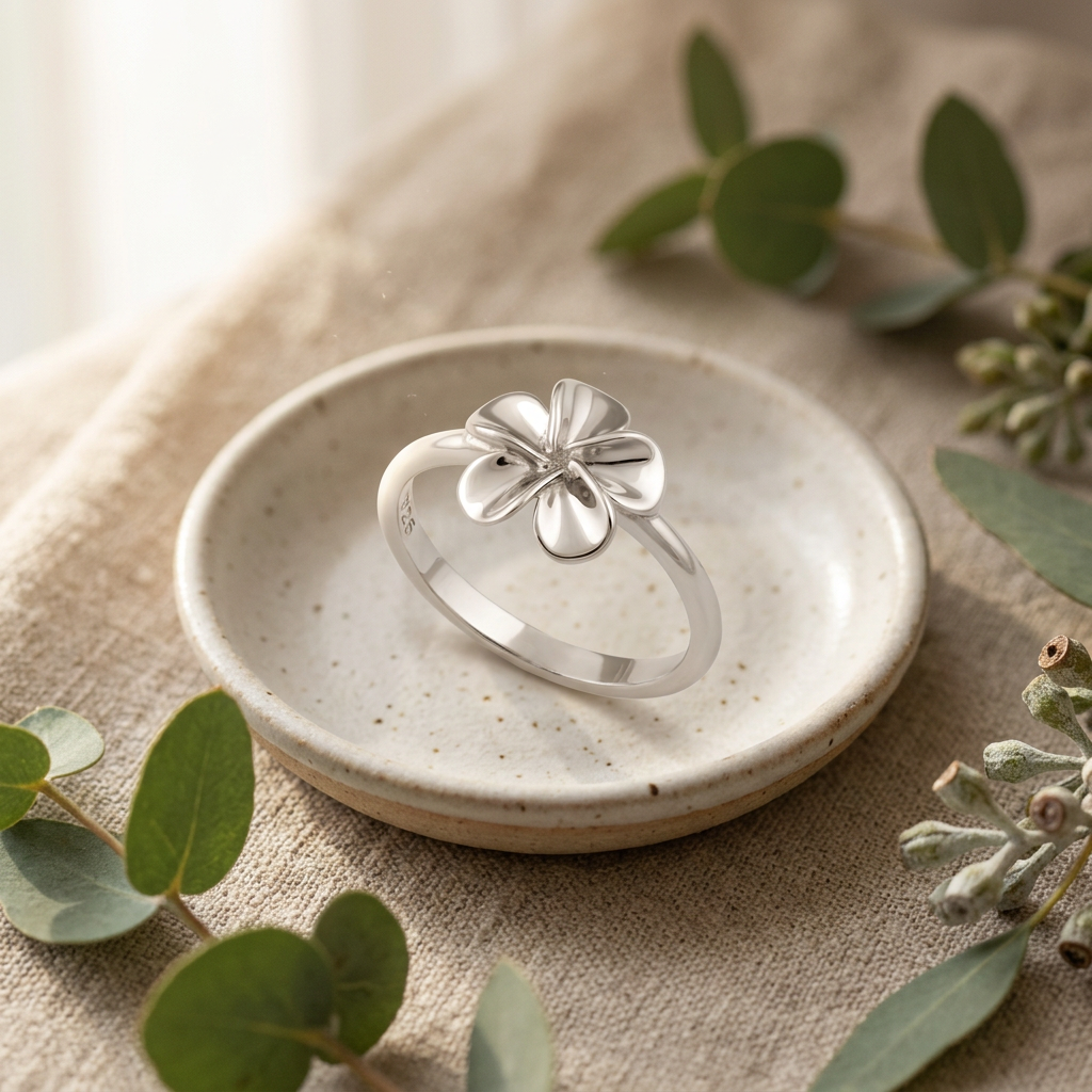 Sterling Silver Plumeria Flower Ring for Women, Polished Petals life2