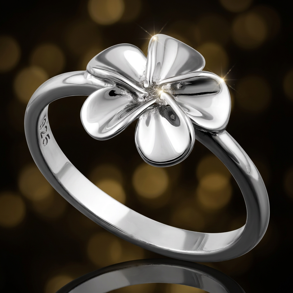 Sterling Silver Plumeria Flower Ring for Women, Polished Petals life4