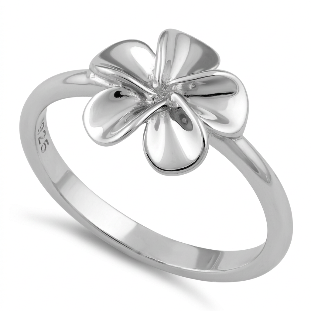 Sterling Silver Plumeria Flower Ring for Women, Polished Petals