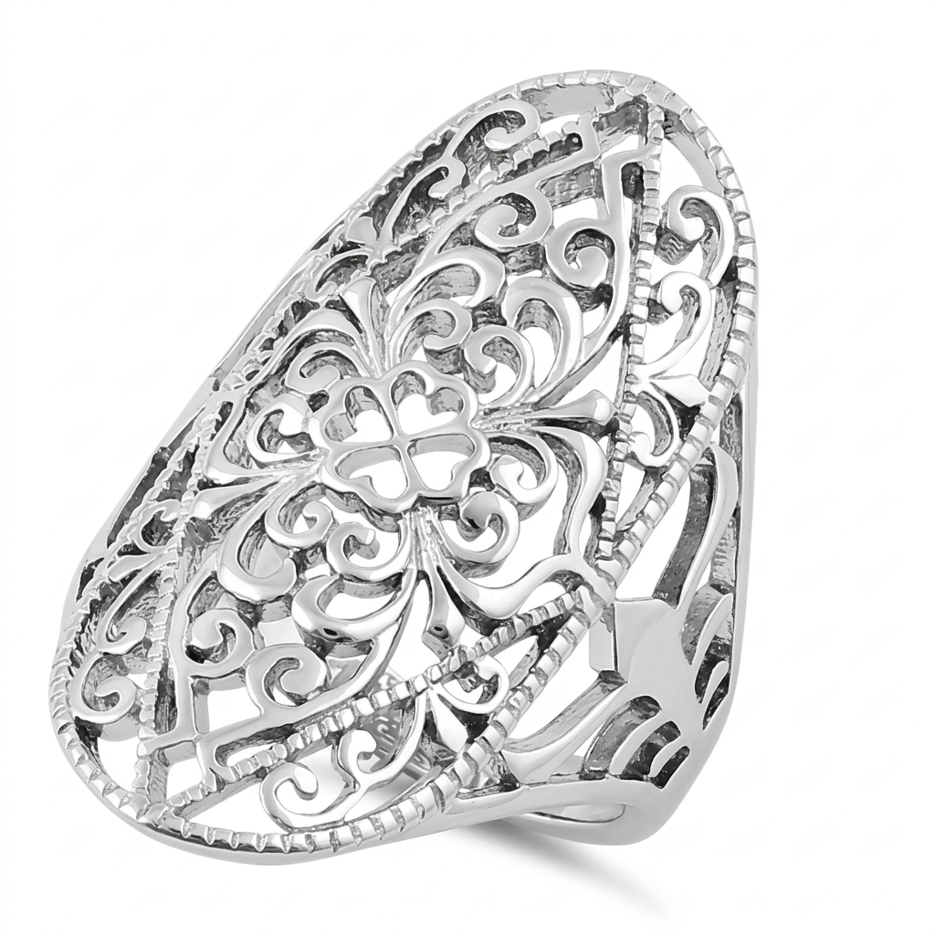 Sterling Silver Filigree Oval Floral Statement Ring for Women