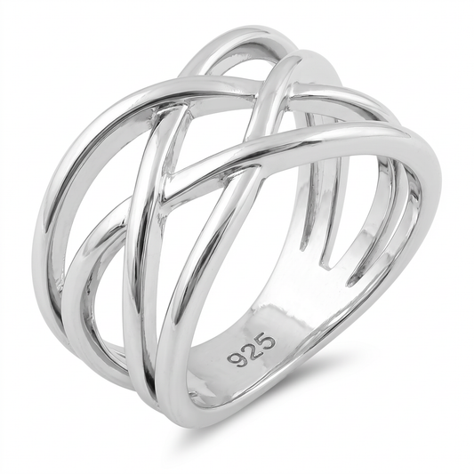 Sterling Silver 6.5mm Wide Crossover Statement Ring for Women