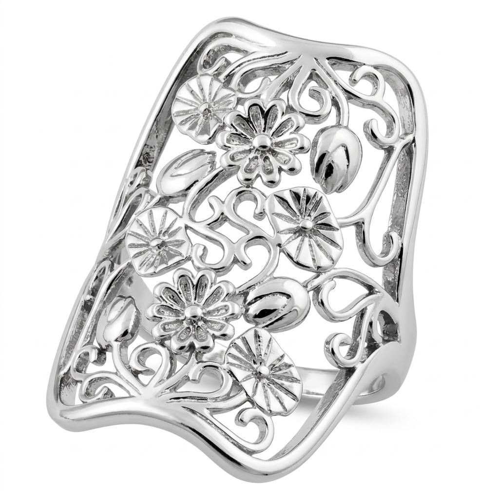 Sterling Silver Wildflower Filigree Full Finger Statement Ring for Women
