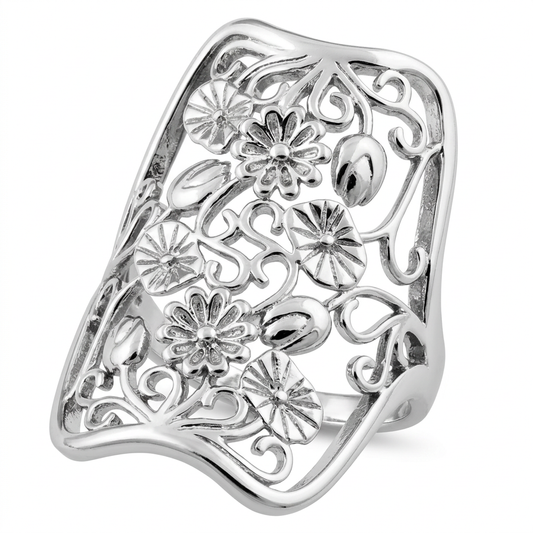 Sterling Silver Wildflower Filigree Full Finger Statement Ring for Women