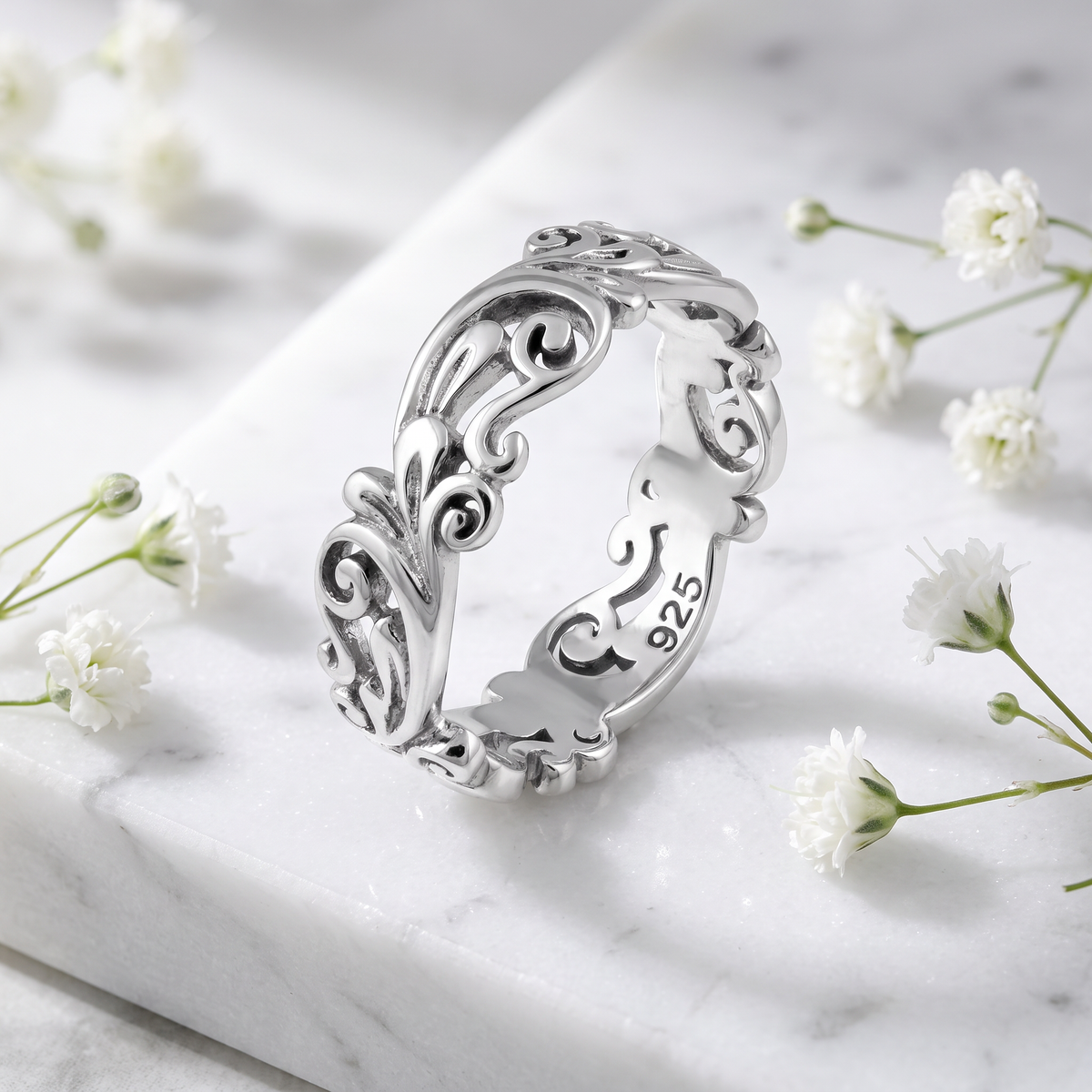 Sterling Silver 5.3mm Filigree Vine Scroll Band Ring for Women life1