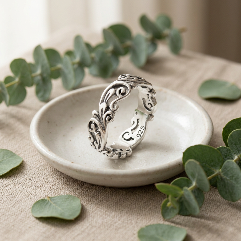 Sterling Silver 5.3mm Filigree Vine Scroll Band Ring for Women life2