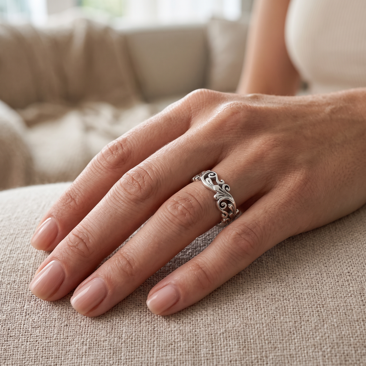 Sterling Silver 5.3mm Filigree Vine Scroll Band Ring for Women model