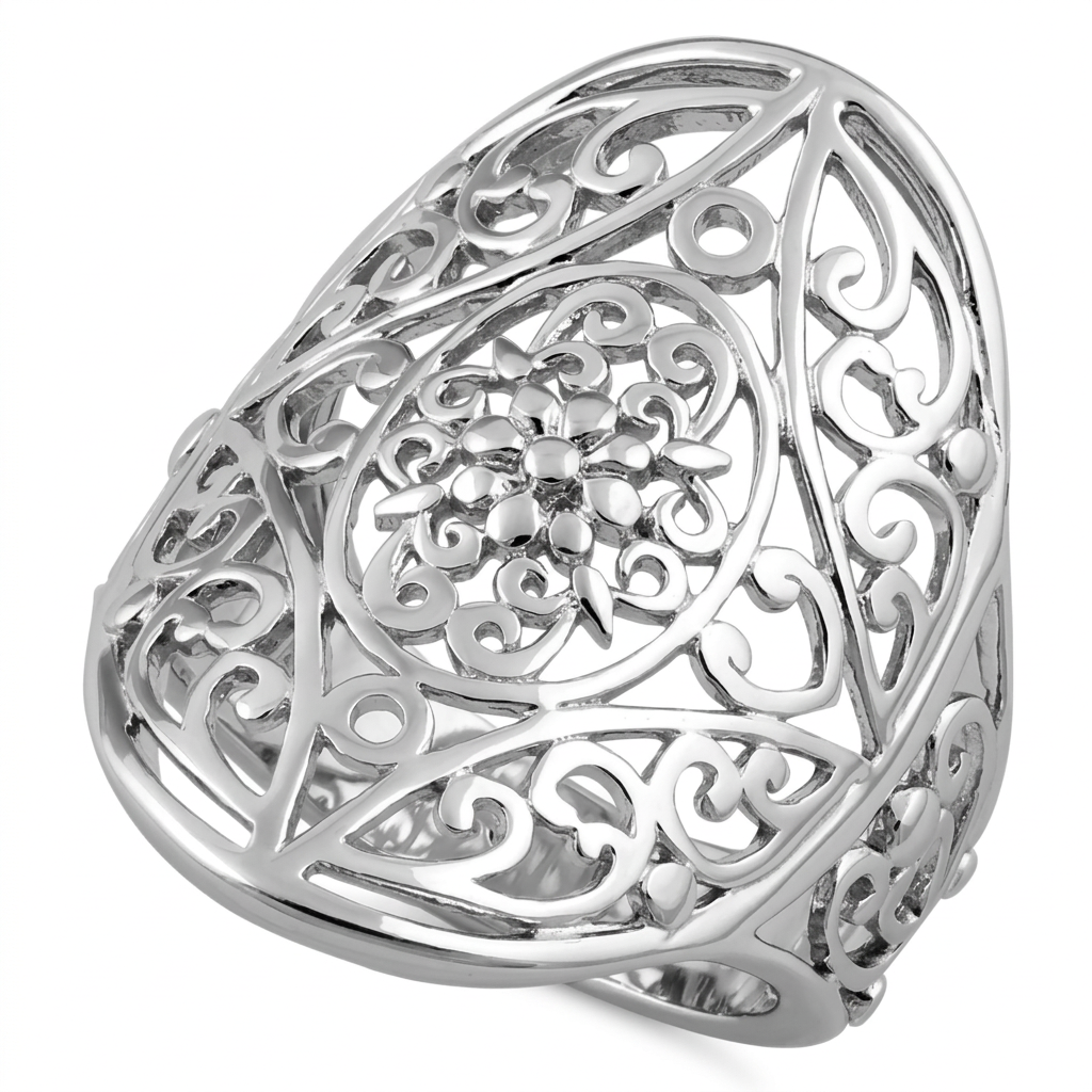 Sterling Silver Flower Medallion Filigree Armor Statement Ring for Women
