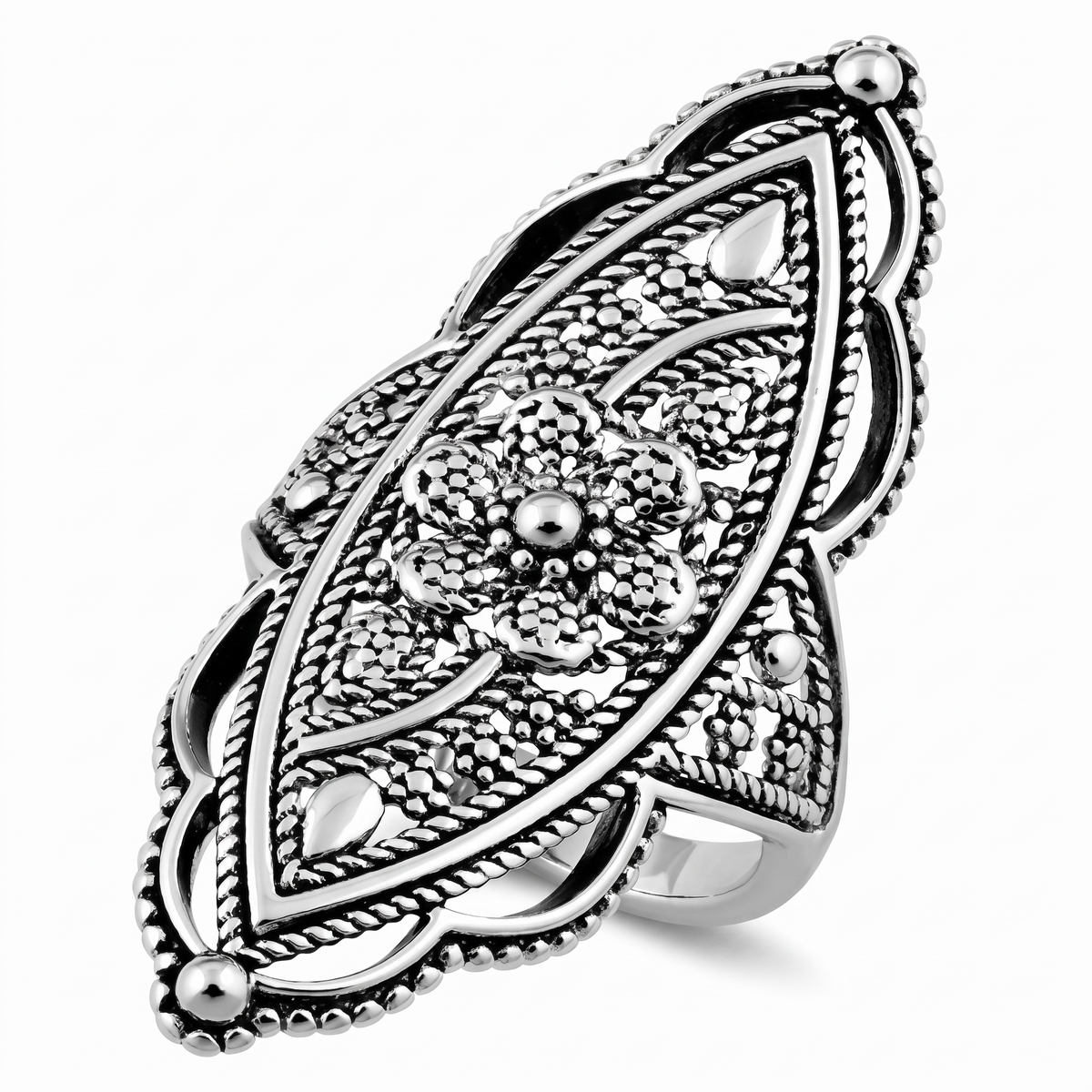 Sterling Silver Bold Marquise Filigree Boho Statement Ring for Women