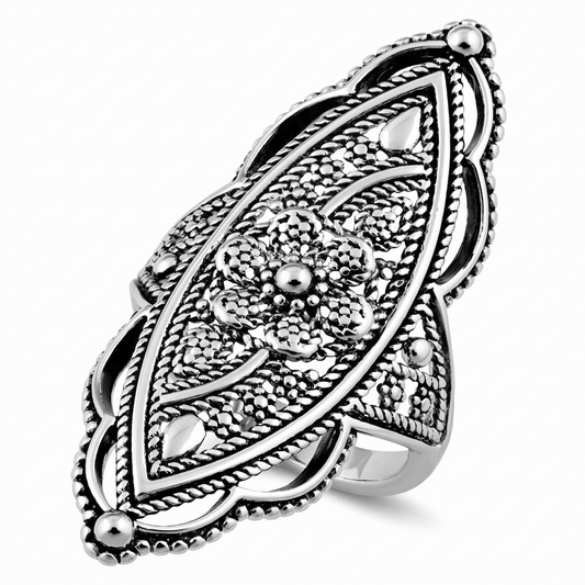 Sterling Silver Bold Marquise Filigree Boho Statement Ring for Women