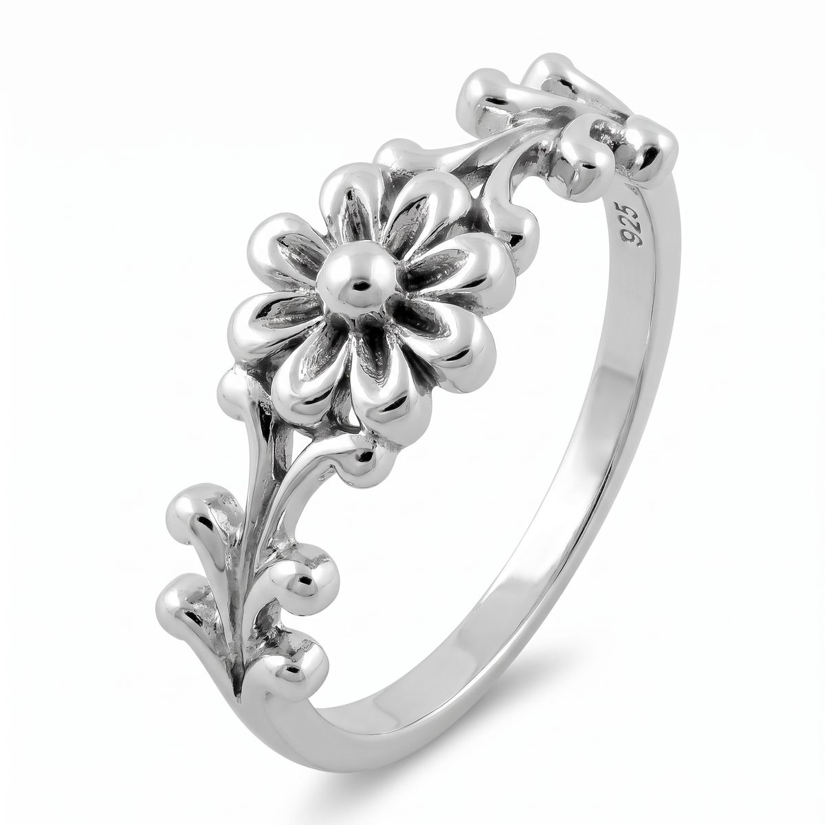 Sterling Silver Daisy Flower Scroll Ring for Women