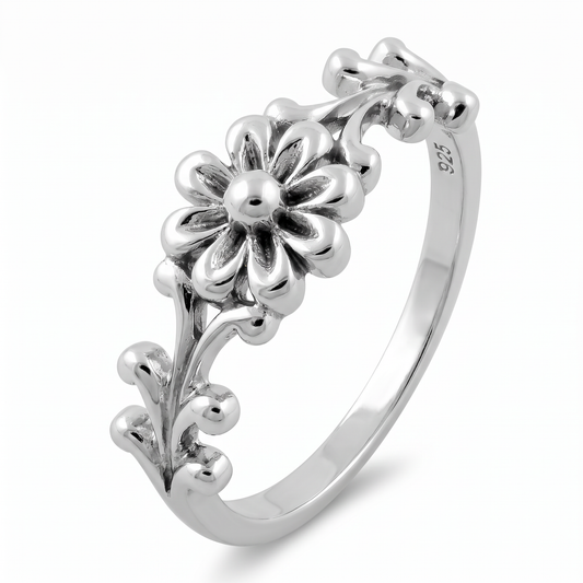 Sterling Silver Daisy Flower Scroll Ring for Women
