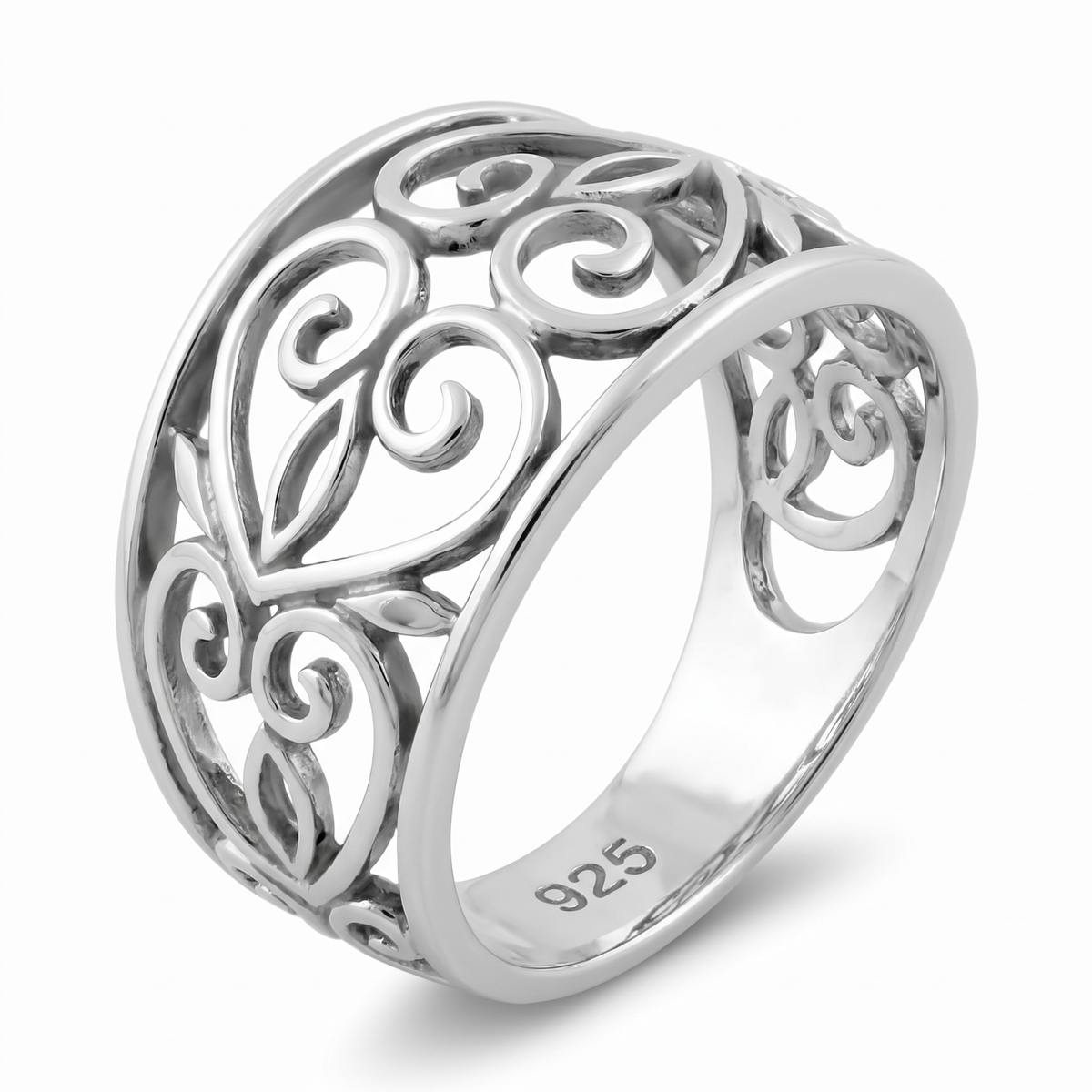 Sterling Silver Filigree Swirl Heart Wide Band Ring for Women