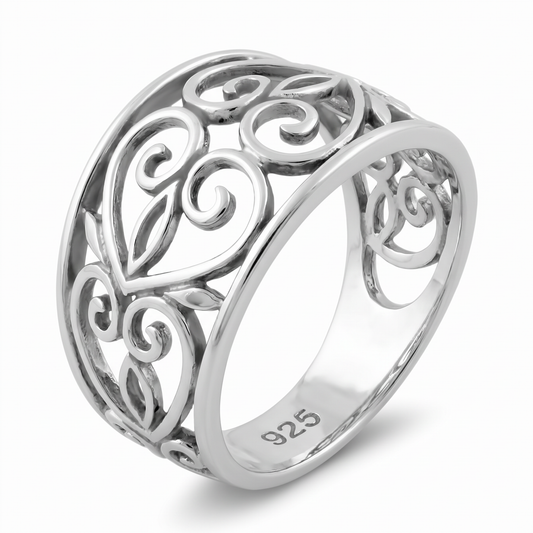 Sterling Silver Filigree Swirl Heart Wide Band Ring for Women