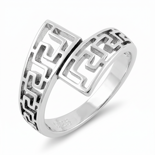 Sterling Silver 4mm Aztec Maze Cutout Bypass Statement Ring for Women