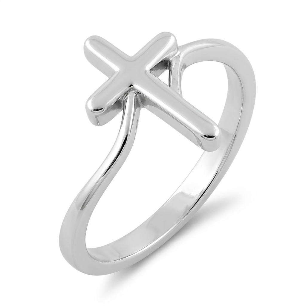 Sterling Silver 1.7mm Wave Band Cross Faith Promise Ring for Women