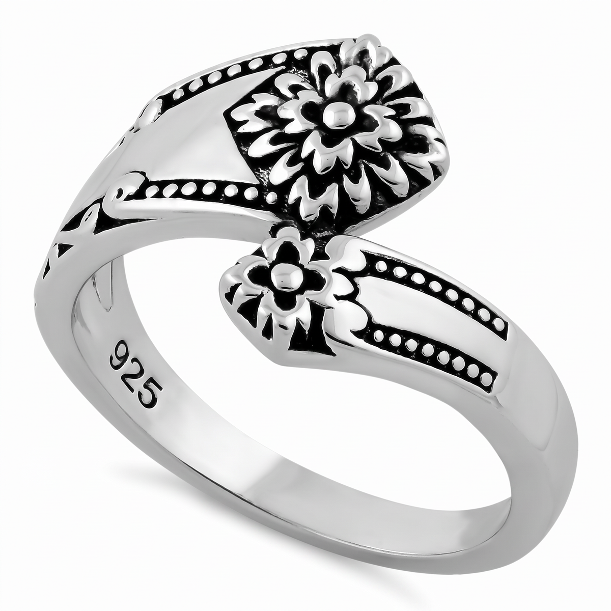 Sterling Silver Vintage Spoon Style Flower Bypass Ring for Women