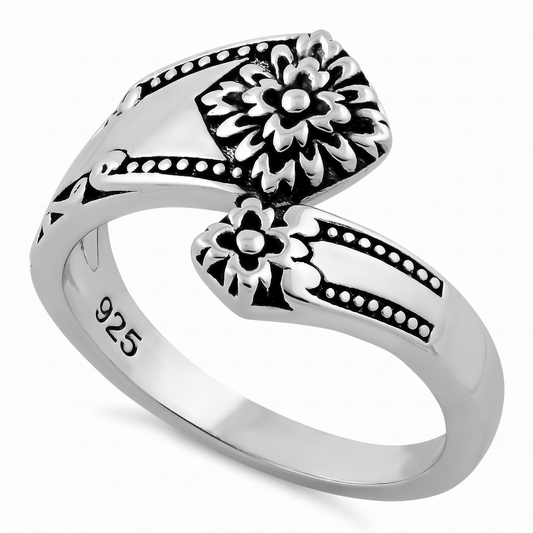Sterling Silver Vintage Spoon Style Flower Bypass Ring for Women