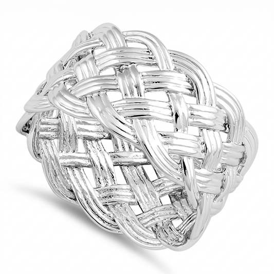 Sterling Silver Wide Woven Basketweave Statement Ring for Women