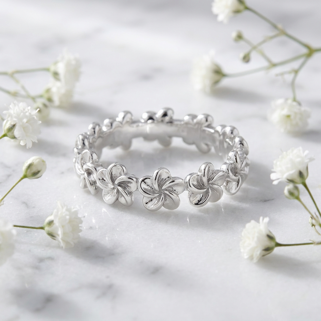 Sterling Silver 4.2mm Plumeria Flower Lei Eternity Band Ring for Women life1