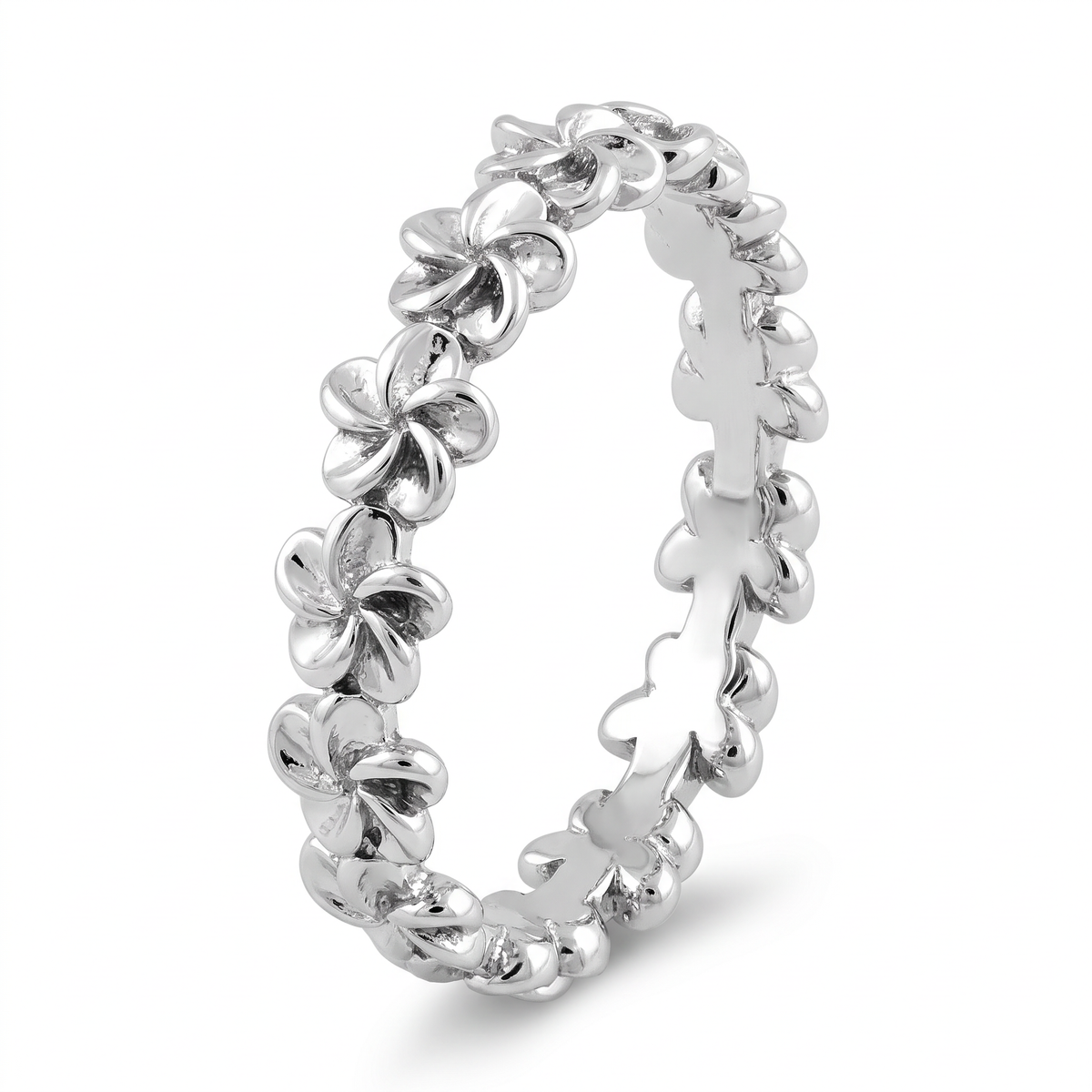 Sterling Silver 4.2mm Plumeria Flower Lei Eternity Band Ring for Women