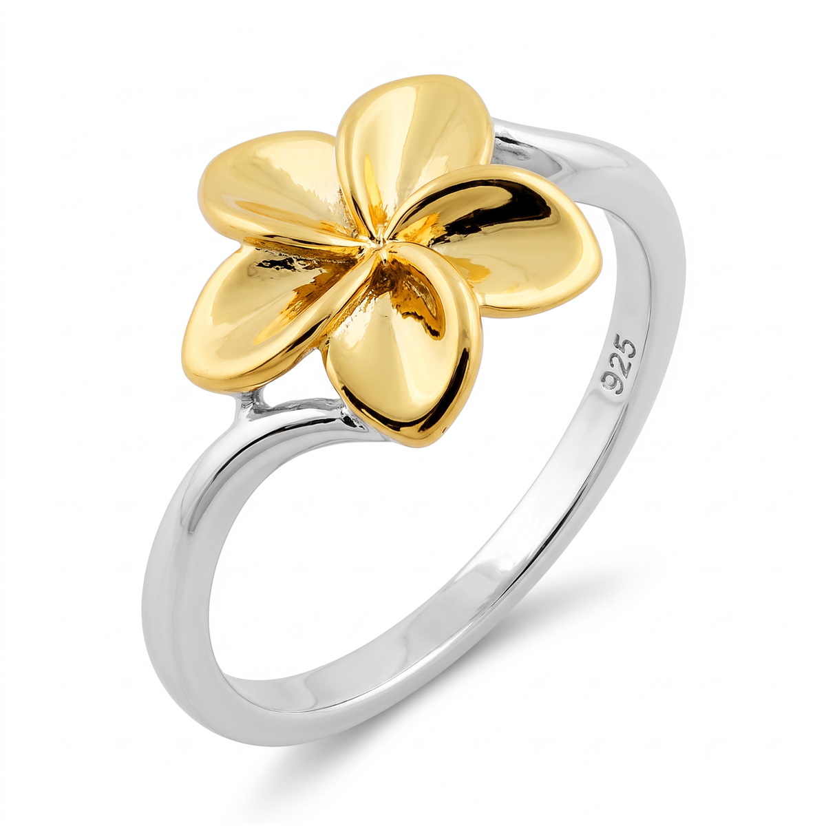 Gold Plated Sterling Silver Two Tone Plumeria Flower Ring for Women