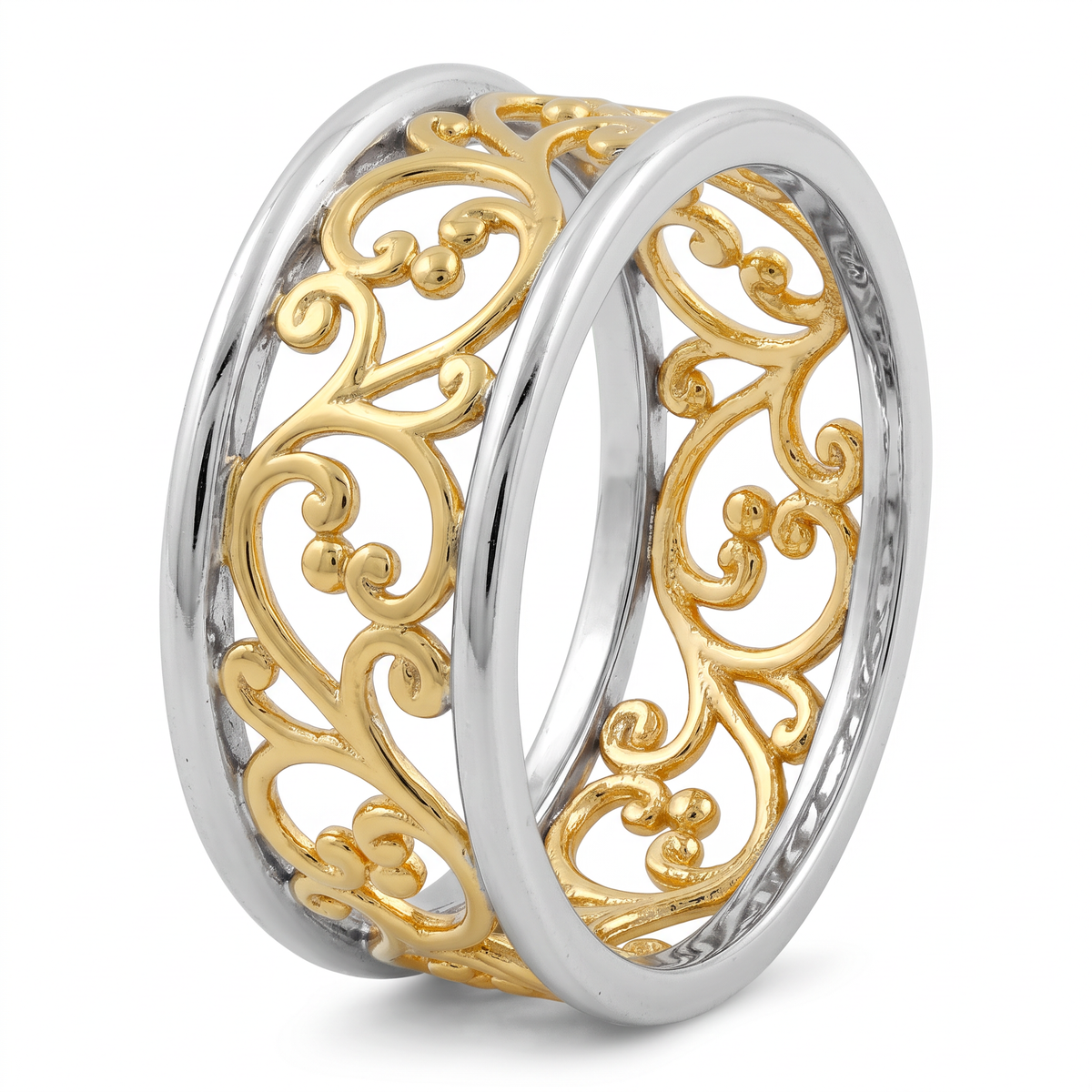 Gold Plated Sterling Silver Two Tone Vine Eternity Band Ring for Women