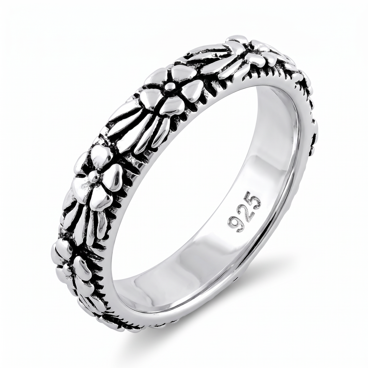 Sterling Silver Plumeria Flower Eternity Band Ring for Women