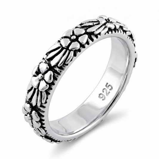Sterling Silver Plumeria Flower Eternity Band Ring for Women