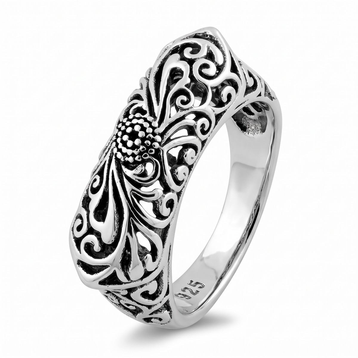 Sterling Silver 5.4mm Antiqued Floral Filigree Statement Ring for Women