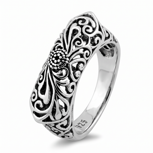 Sterling Silver 5.4mm Antiqued Floral Filigree Statement Ring for Women