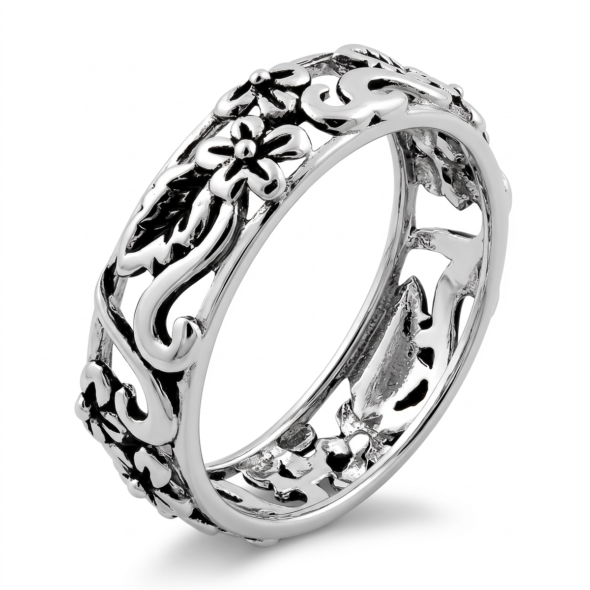 Sterling Silver 5.5mm Open Floral Vine Eternity Band Ring for Women