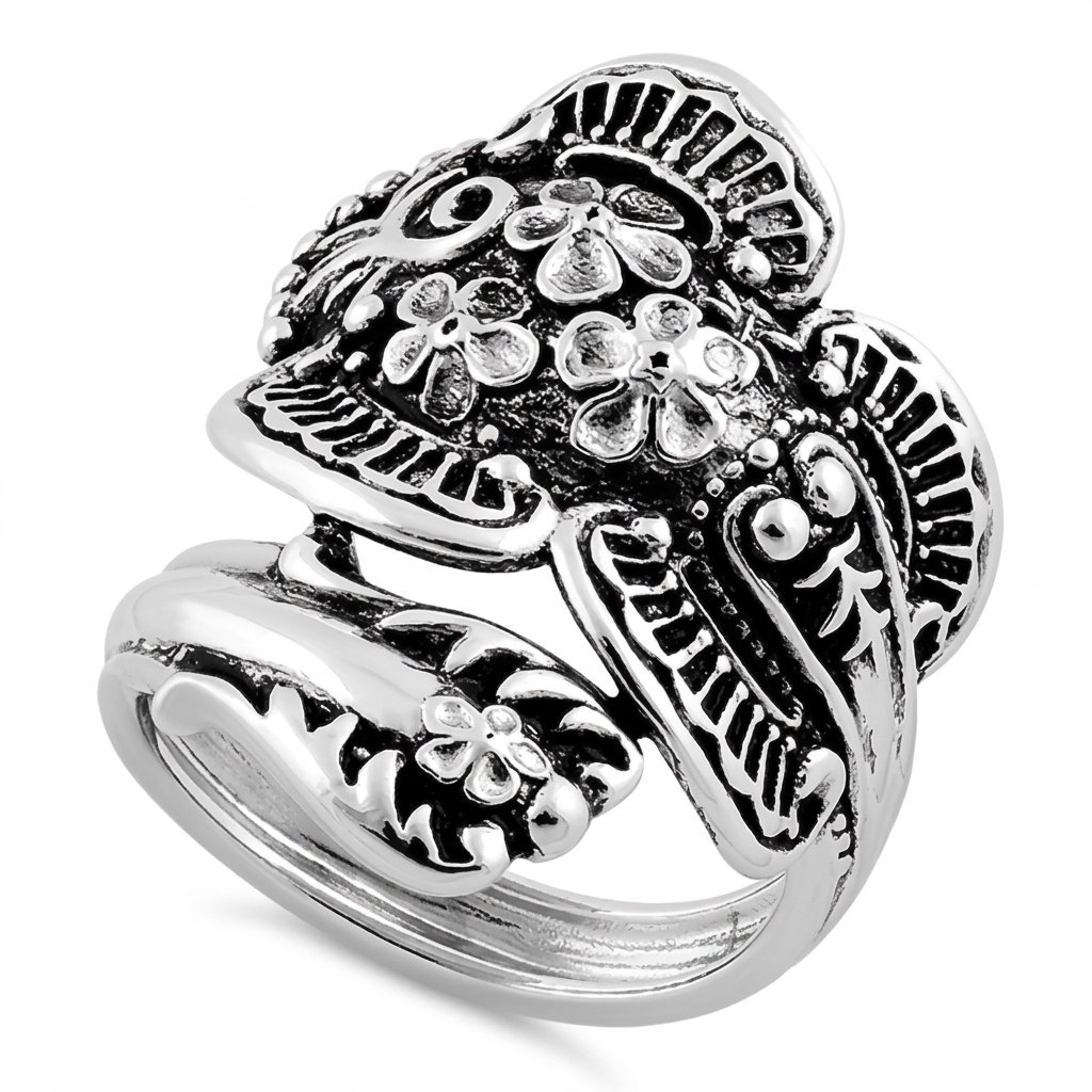 Sterling Silver Antiqued Floral Spoon Wrap Ring for Women