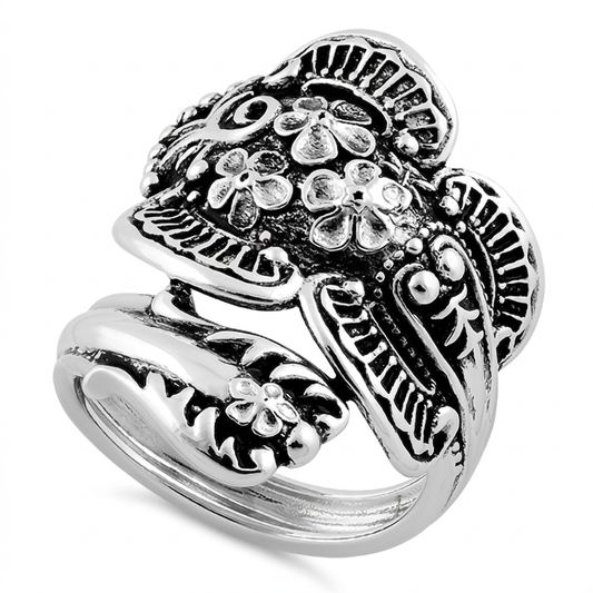 Sterling Silver Antiqued Floral Spoon Wrap Ring for Women