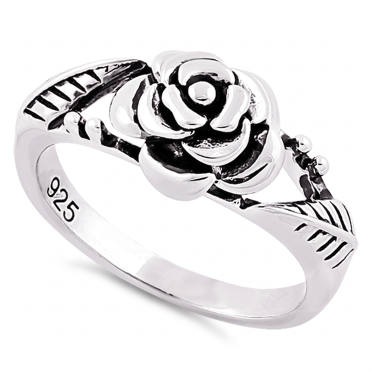 Sterling Silver Oxidized Rose Flower Ring for Women