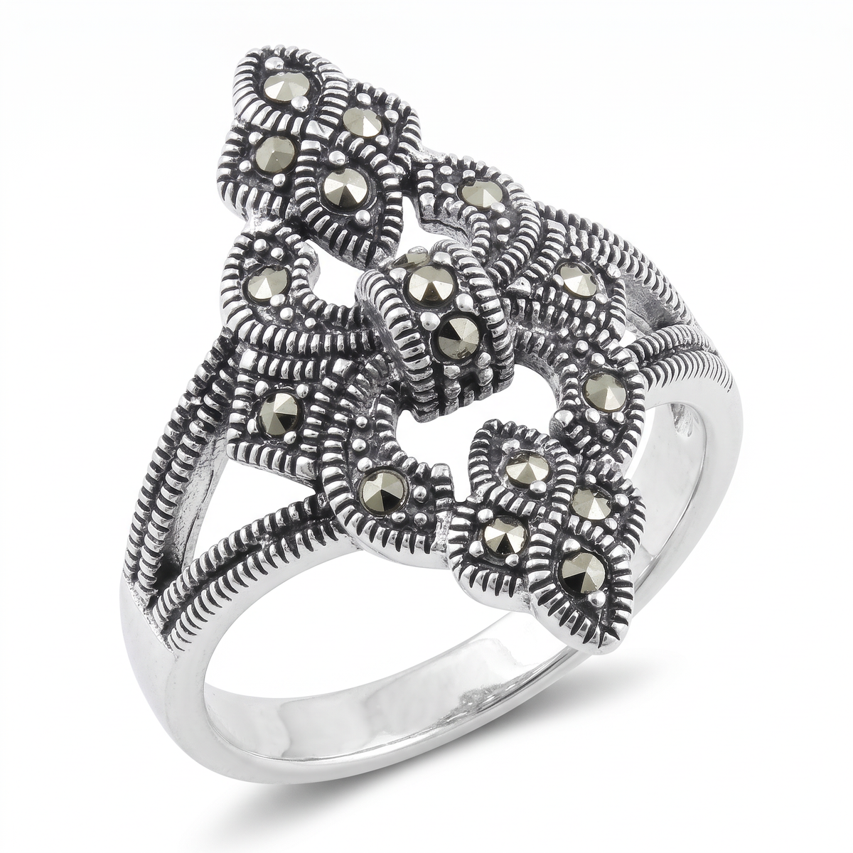 Sterling Silver 3.9mm Marcasite Fleur de Lis Cocktail Ring for Women