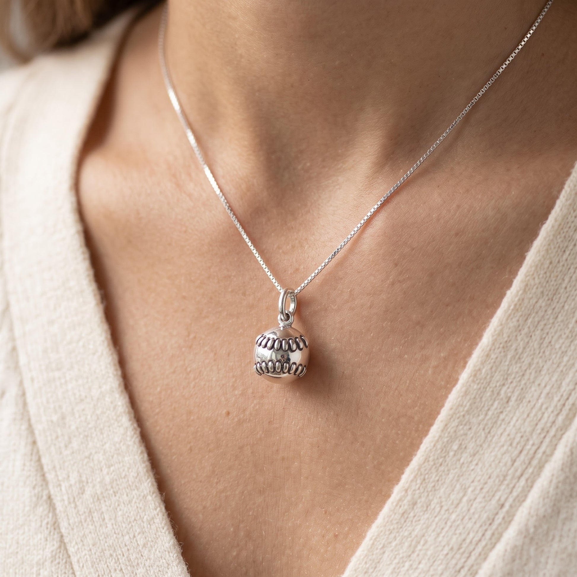 Sterling Silver Baseball Charm Necklace, 18" worn, lifestyle photo